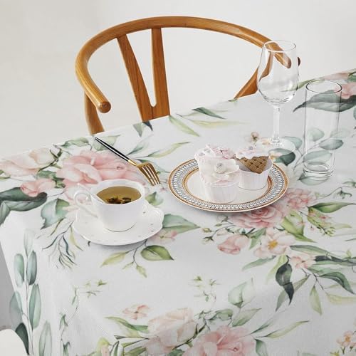 Pink Flowers Tablecloth, Watercolor Sage Green Eucalyptus Leaves Branches Floral Print Table Cloth for Picnic Party Dining Room Home Decor 55x75in