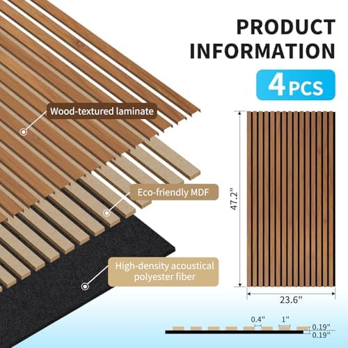 Art3d 47 x 23.6 Inch Acoustic Wood Slat Design Wall Panels, 4-Pack, Walnut