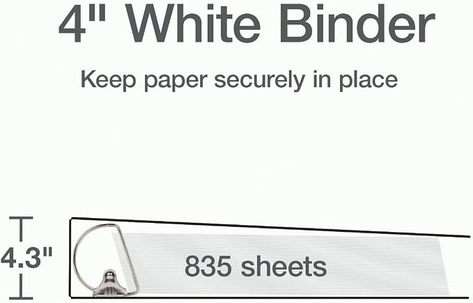 Cardinal 3 Ring Binder, 4 Inch Heavy Duty XtraLife Binder, Locking Slant-D Ring, Crack-Resistant Cover & Spine, ClearVue Covers, Holds 890 Sheets, PVC-Free, White (26340)
