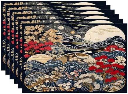 Batmerry Flowers Waves Placemats, Beautiful Nature Scene with Moon Washable Linen Table Mats for Kitchen Table Double Insulation Decor Dining Set Indoor Outdoor 12X18 in Set of 6