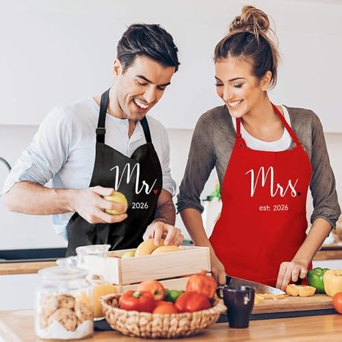 Prazoli Products Mr Mrs Apron Set - Engagement Gifts, Wedding & Bridal Shower Gifts for Couple (Mr. & Mrs. Est: 2026 - Red, Standard)