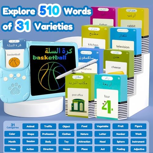 Writing Tablet with Bilingual Flash Cards for Kids, Arabic, Blue