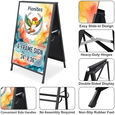 Pionites Heavy Duty Slide-in Folding A Frame Sign Sidewalk Sign 24x 36 Inch Steel Metal Double-Side Pavement sign Corrugated Plastic Poster (1, Black, 24''X36'''(Plastic Backing include))