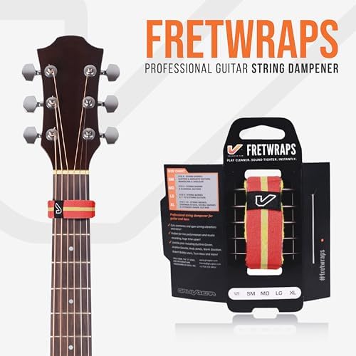 Gruv Gear Fret Wrap & Guitar Mute, Fretwrap for Acoustic, Electric & Bass | String Dampener Recording, Tapping & Practice Accessory (1 Pack, Large Red/Yellow, Fits 6 String Bass, 8 String Guitar)