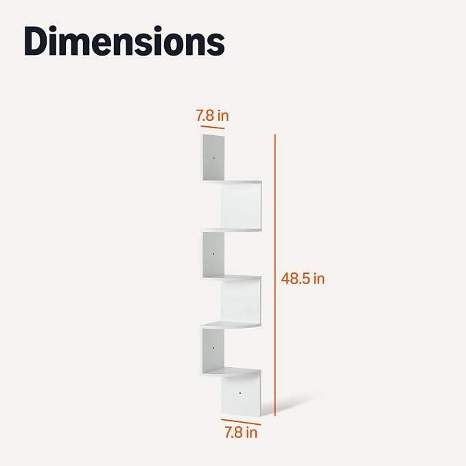Amazon Basics 5-Tier Corner Shelf, Wall-Mounted, Floating Corner Bookshelf for Living Room, Bedroom, Bathroom, Home Office, 7.8"D x 48.5"W x 7.8"H, White