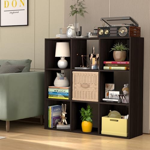 PrimeZone 9 Cube Storage Organizer, Stackable Wood Cubby Bookshelf Espresso