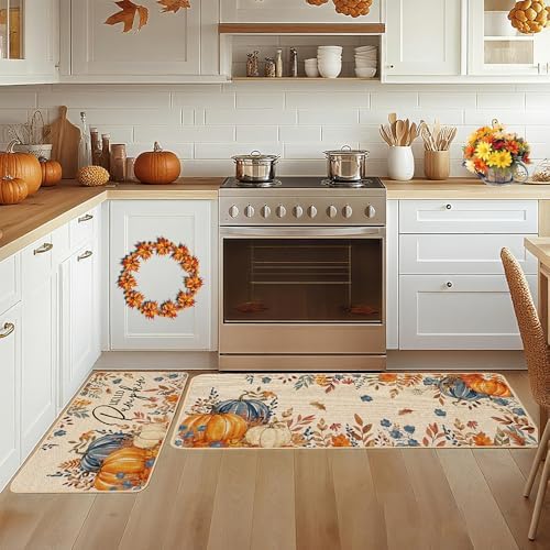 Baccessor Fall Kitchen Rugs Set of 2, Blue Pumpkin Floral Kitchen Mats for Floor Washable Low-Profile Farmhouse Autumn Holiday Home Indoor Outdoor Decor 17x29 and 17x47 Inch