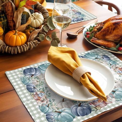 Fall Thanksgiving Placemat, Navy Blue Pumpkins Green Eucalyptus Leaves Heat Resistant Washable Table Place Mats Sage Farmhouse Plaid Table Linens Decor for Home Kitchen Dining Outdoor Indoor