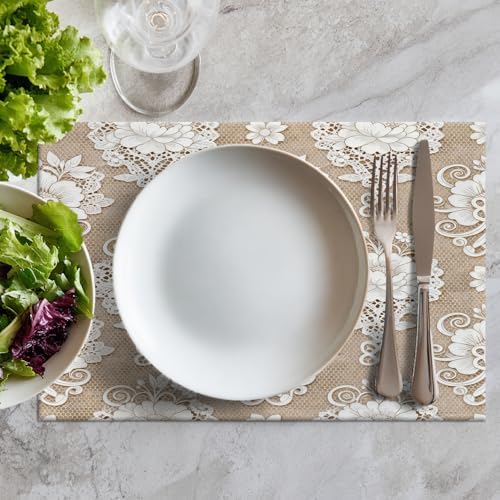 Batmerry Floral Placemats, Template White Lace Background Washable Linen Table Mats for Kitchen Table Double Insulation Decor Dining Set Indoor Outdoor 12X18 in Set of 6