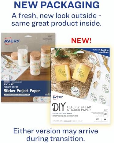 Avery Glossy Clear Sticker Paper | 8.5 x 11 Inch | Permanent Adhesive | For Laser & Inkjet Printers | 7 Sheets, Pack of 6