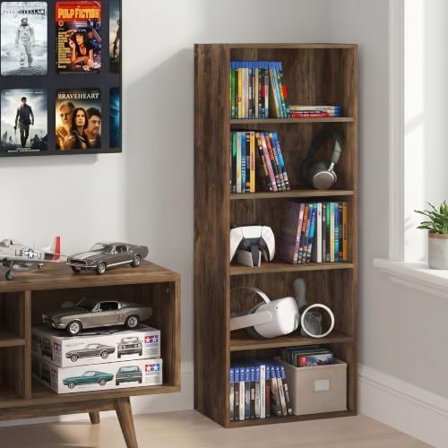 Furinno Basic DVD Shelf, 5-Tier CD Rack, Cube Storage, Amber Pine | 11 x 17 x 44, Open Shelf for DVD Blueray Game Disc, Organizer Media Shelf, for Living Room, Bedroom, Home Office