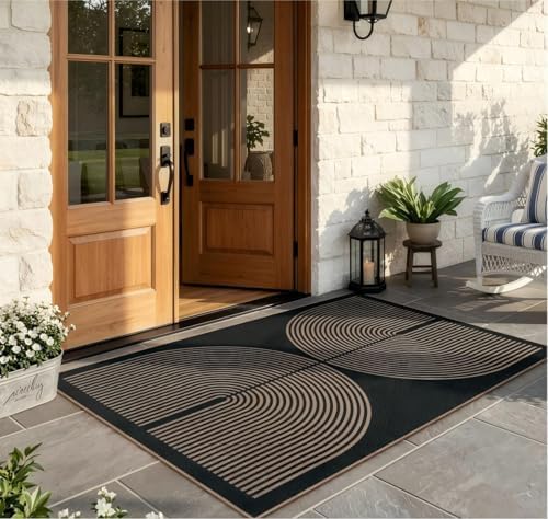 Lahome Modern Rainbow Easy Jute 4x6 Rug, Outdoor Patio Rug for Living Room Washable Black Carpet for Bedroom, Contemporary Non Slip Non Shedding Floor Carpet for Office Backyard