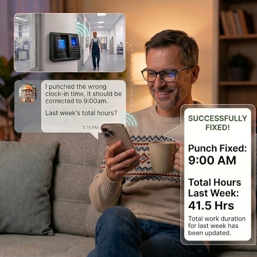 App Control Time Clock for Small Business No Monthly Fee | 5s Fast Connection, Fix Records, Custom Overtime, Lunch & Break Rules,10 IC Cards Included with Face, Fingerprint, IC & PIN