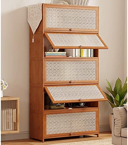 Bamboo Bookcase with flip-up Acrylic Doors, 1-5 Tier Free Standing Book Shelf Storage Organizer for Living Room Office Bedroom (Wood 80 * 32 * 106cm)