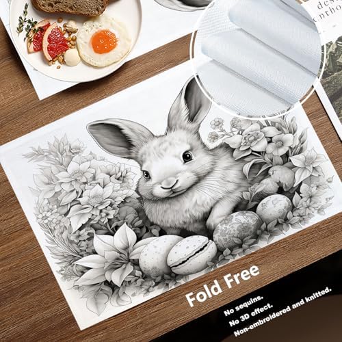Batmerry Bunny with Eggs Flowers Linen Placemats Set of 6, A Bunny Surrounded By Eggs and Flowers Washable Table Mats for Kitchen Table Thickened Heat Insulation Dining Set Indoor Outdoor 12X18 in