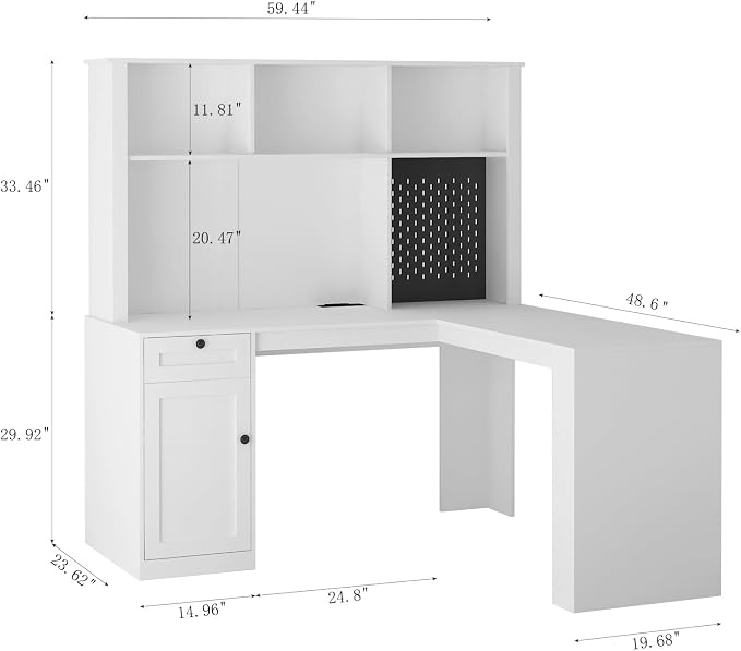 KEIKI L Shaped Home Office Desks with Outlet, Pegboard, Hutch, Drawers, Bookshelf & Storage Shelves, Modern Wooden Gaming Computer Corner Table for Work, Study, Writing
