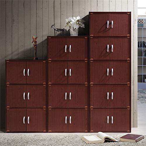Pemberly Row 4 Shelf 8 Door Bookcase, 54.3 in H x 23.4 in W x 15.5 in D, Mahogany Finish, Slim Vertical Design, Wood Construction, Multipurpose Storage for Office, Bedroom, Closet or Entryway
