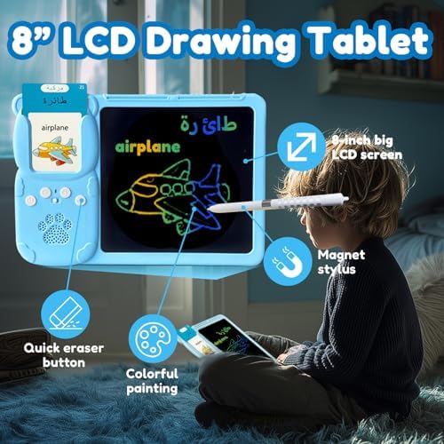 Writing Tablet with Bilingual Flash Cards for Kids, Arabic, Blue