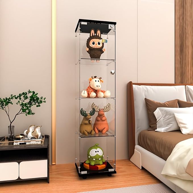 FLYMUHJIA Curio Cabinet Glass Display Case for Collectibles with Door, 4 Display Shelves Showcase, 64.2”Hx16.9''Lx 14.6''W Black
