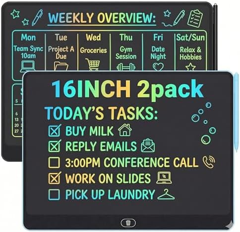 16 Inch LCD Writing Tablet 2 Pack, Large Electronic Notepad for Adults, Reusable Digital Memo Board for Office Desk and Meetings, Erasable Paper Tablet, Battery Operated（Blue & Black