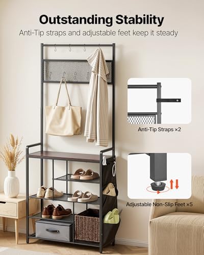 VEVOR Hall Tree, 70.9 in Coat Rack with Shoe Storage, Freestanding 4-Tier Shoe Rack Organizer with Hooks, Side Pocket and Wire Shelf, Steel Frame Entrance Coat Holder for Entryway, Bedroom, Closet