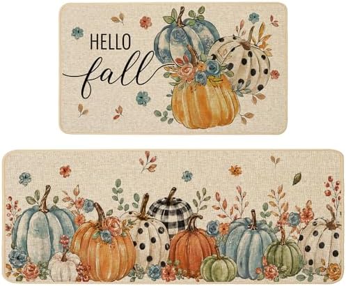 Baccessor Fall Kitchen Rugs Set of 2, Blue Pumpkins Floral