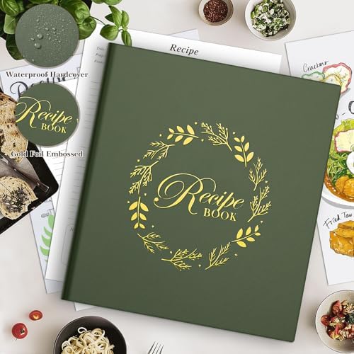 Lanpn Recipe Binder 8.5x11 3 Ring Kit, Waterproof Organizer Binder to Write in Your Own Recipes, Blank Recipe Book with 60 Plastic Sleeves,116 Recipes, Dividers, Labels & Stickers, Green