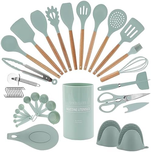 Country Kitchen Non Stick Silicone Utensil Set with Rounded Wood Handles for Cooking and Baking, 38 Piece Set, Mint
