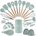 Country Kitchen Non Stick Silicone Utensil Set with Rounded Wood Handles for Cooking and Baking, 38 Piece Set, Mint