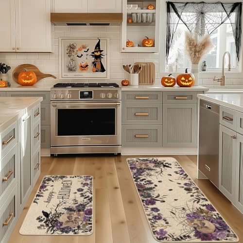 Baccessor Halloween Kitchen Mats Set of 2, Skull Gothic Purple Floral Kitchen Rugs for Floor Low-Profile Farmhouse Fall Halloween Party Home Decor 17x29 and 17x47 Inch