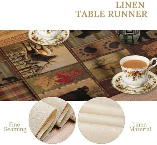 Rustic Moose Deer Bear Table Runner, Retro Vintage Bear Cottage Country Style Cabin Farmhouse Dinner Runner for Home Kitchen Dining Table Decoration 13"x120"