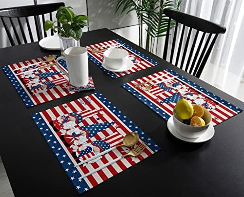 4th of July Patriotic Placemats Set of 6-Stripes and Stars American Flag Gnomes Heat Resistant Placemat Washable Cotton Linen Table Mats Memorial Day Party Holiday Decorations for Kitchen Dining Table