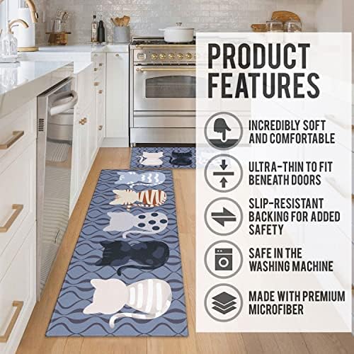 Cat Kitchen Rugs and Mats for Floor 2 Piece Sets, Cat Floor Mat for Kitchen, Farmhouse Waterproof Cats Kitchen Mat in Front of Sink for Standing for Country Kitchen Decor 17"X30"+17"X47"