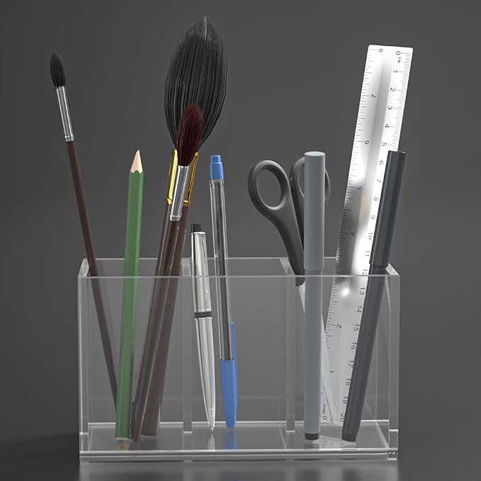 NIUBEE Acrylic Pen Holder 3 Compartments, Clear Pencil Organizer Cup for Countertop Desk Accessory Storage | Scratch-resistant thick acrylic with 3 slots for pens, pencils, makeup brushes, office, vanity and school use