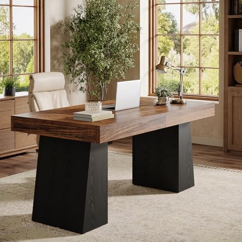 Tribesigns 55" Executive Desk, Wooden Office Desk with Double Pedestal, Modern Simple Computer Writing Table for Home Office, Brown & Black