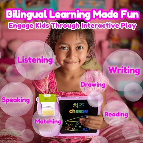 Writing Tablet with Bilingual Flash Cards for Kids, Korean, Pink