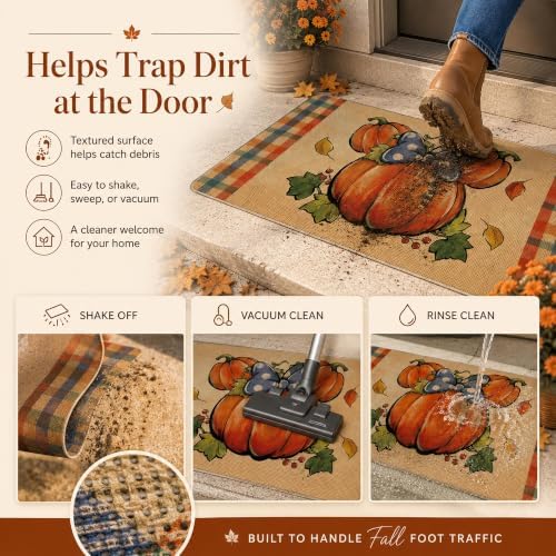 Welcome Pumpkin Decorative Front Door Mat, Autumn Plaid Doormat