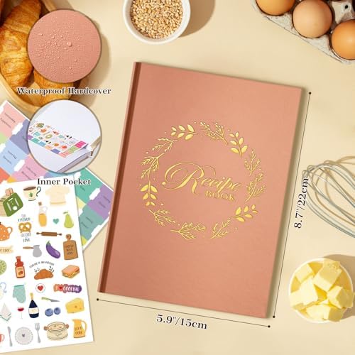 Lanpn A5 Blank Recipe Book Cookbook to Write in Your Own Recipes, Leather Cover Waterproof Empty Cooking Journal for 70 Recipes, Recipe Notebook with Stickers to Organize Your Family Recipes, Rose
