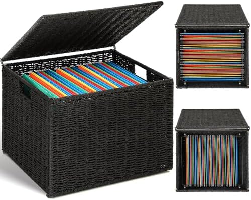 Cinnvoice Extra Large Decorative File Box 18 x 16 x 13 in Wicker Seagrass File Basket Organizer for Letter Legal Size Hand Woven Hanging Filing Cabinet with Lid for Office Paper Rope, Black