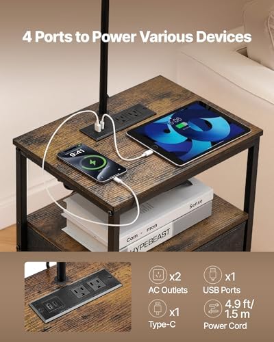 VEVOR Floor Lamp with Table, 3-Tier End Table with Drawer and 3 Color Temperature Lighting, Modern Side Nightstand Bedside Desk with USB & Type C & AC Charging Port for Living Room, Bedroom, Dorm
