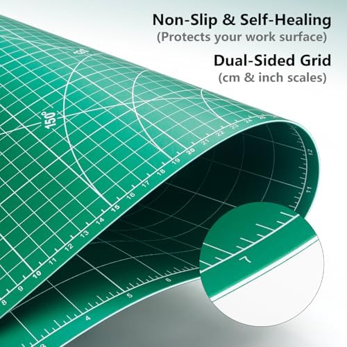 ArtAt Self Healing Cutting Mat: 18″x 24″ Green Double Sided, Non-Slip 5 Layers PVC Durable A2 Sewing Craft Mat for Rotary Cutter, Use for Quilting, Scrapbooking and Craft & Art Projects…