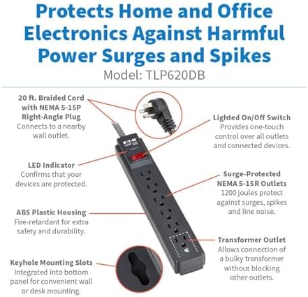Eaton Tripp Lite Series 6-Outlet Surge Protector Power Strip, Flat Plug 20ft Braided Extension Cord, 1200 Joules, 15A Circuit Breaker, Lifetime Manufacturer's Warranty & $10,000 Insurance (TLP620DB)