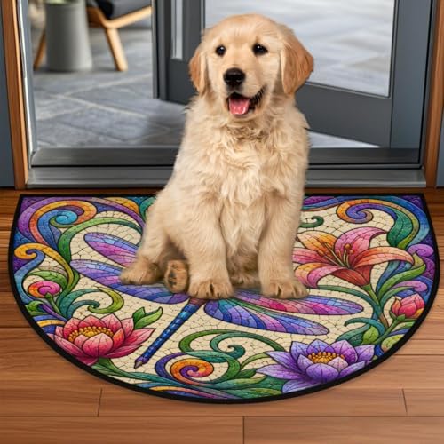 Bohemian Dragonfly Flower Half Round Door Mat, Non-Slip Welcome Indoor Entrance Way Rug Semi Circle Front Doormats Washable Bathroom Kitchen Floor Mat, Outdoor Rugs for Garage, Patio, Hearth Rug,B-1