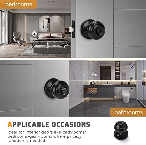 KNOBWELL Black Door Knobs for Bedroom or Bathroom, Interior Round Matte Black Privacy Door Knobs with Keyless Turn Lock, 12 Pack