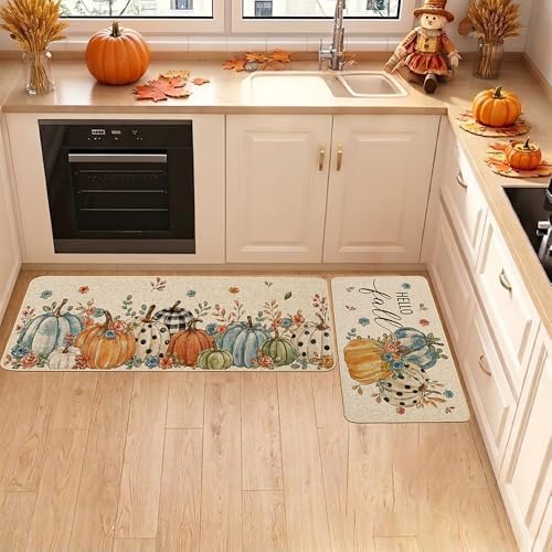 Baccessor Fall Kitchen Rugs Set of 2, Blue Pumpkins Floral