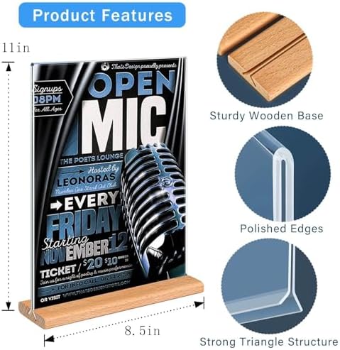 Kersally Acrylic Sign Holder 8.5 x 11, 4 Pack Double-Sided Clear Vertical Table Display Stands with Wood Base,Acrylic Frame Menu Flyer Paper Holder for Stores, Restaurants, Hotels, Office, Show Fair
