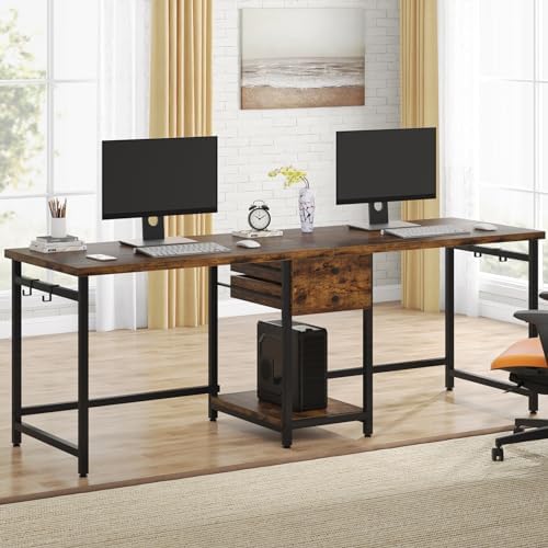 Tribesigns Two Person Desk, 79 Inch Double Desk with 2 Drawers, Large Computer Desk Long Desks with Storage Shelves, Writing Table Study Desk for Home Office, Rustic Brown (NY001)