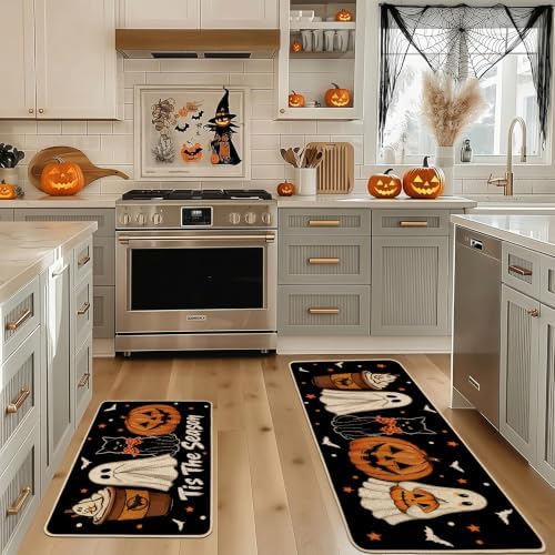 Baccessor Halloween Ghost Kitchen Rugs Set of 2,Tis The Season Spooky Pumpkin Black Cat Mat Rug Indoor Outdoor Low-Profile Non Slip Absorbent Floor Mats for Home Holiday Decor 17x29 and 17x47 Inch