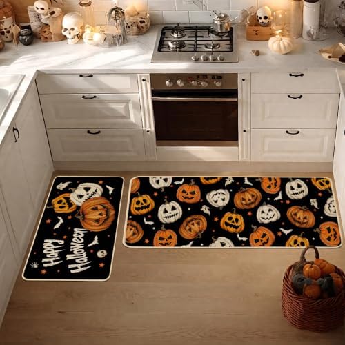Baccessor Happy Halloween Ghost Kitchen Rugs Set of 2,Spooky Pumpkin Fall Black Mat Rug Indoor Outdoor Low-Profile Non Slip Absorbent Floor Mats for Home Party Holiday Decor 17x29 and 17x47 Inch