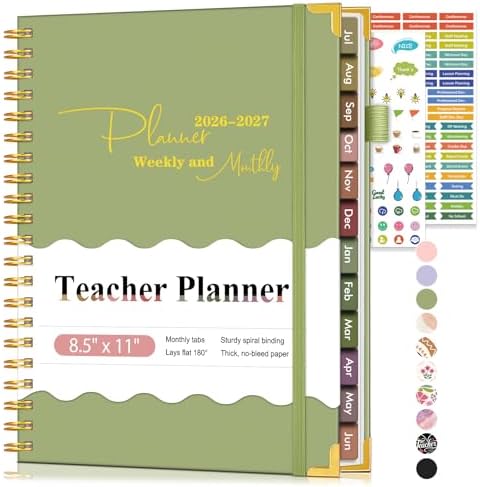Teacher Planner 2026-2027, July 2026 - June 2027, Academic Weekly & Monthly Calendar Planner with Tabs, 8.5" x 11" A4 Teacher Lesson Plan Book with 7 Periods, Daily Agenda School Organizer for Teacher Student Homeschool, Green